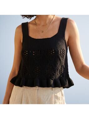 Zara Black Pointelle Crochet Knit Peplum Tank Top Ruffle Hem Small